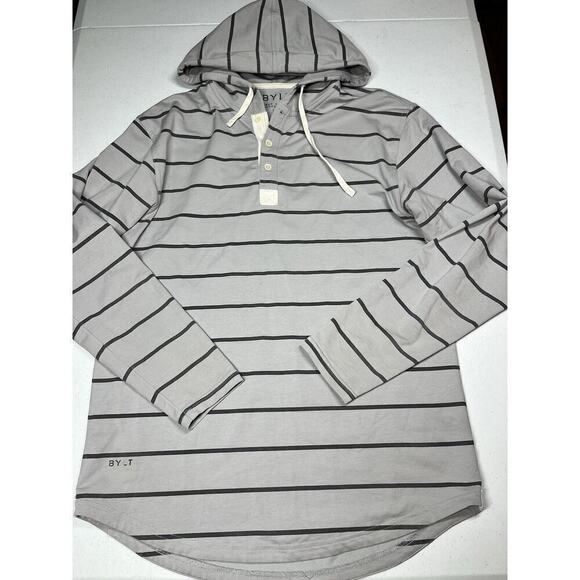 BYLT Drop Cut Hooded Henley Sweatshirt Gray Striped Mens Size M - Picture 1 of 6